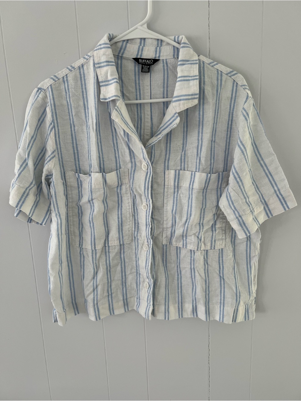 Buffalo David Bitton White and Light Blue Linen Blend Short-Sleeve  Shirt